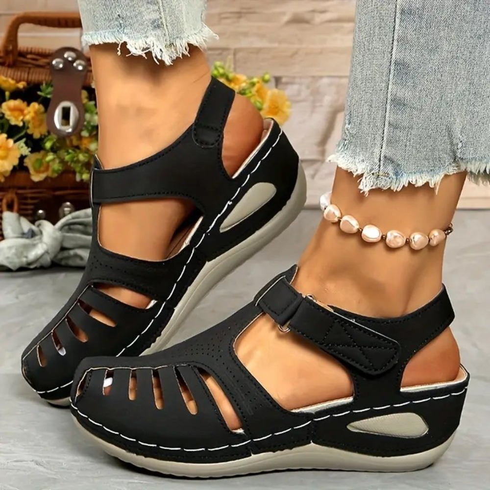 Womens Black Orthopedic Wedge Sandals Size 8 Cutout Fisherman Comfort Shoes